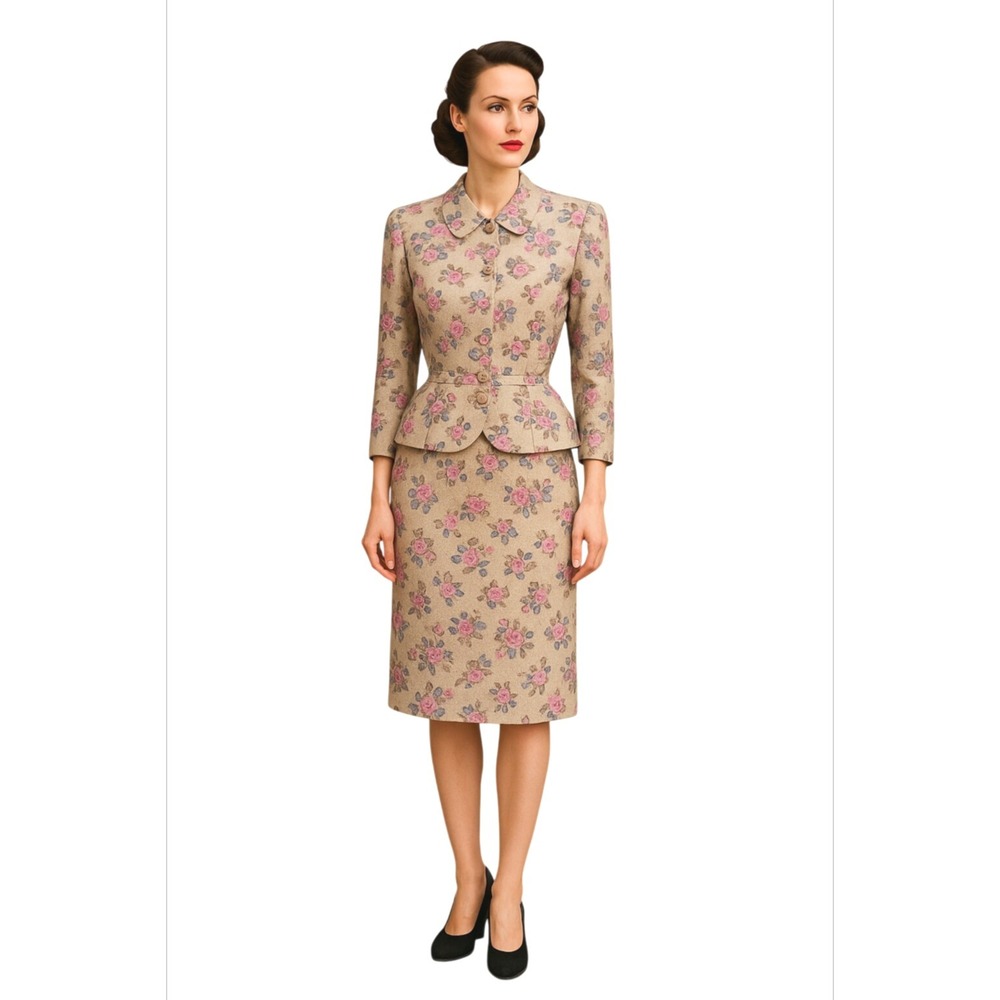 1940s Ivey's Charlotte Pink Floral Jacquard‎ 2 Piece Sinched Waist Skirt Set